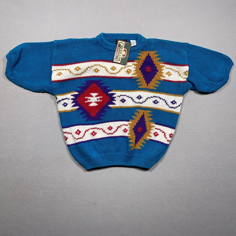 Vintage Southwestern Sweater Women Large Blue Ramie Cotton Aztec 90s Cozy NWT
